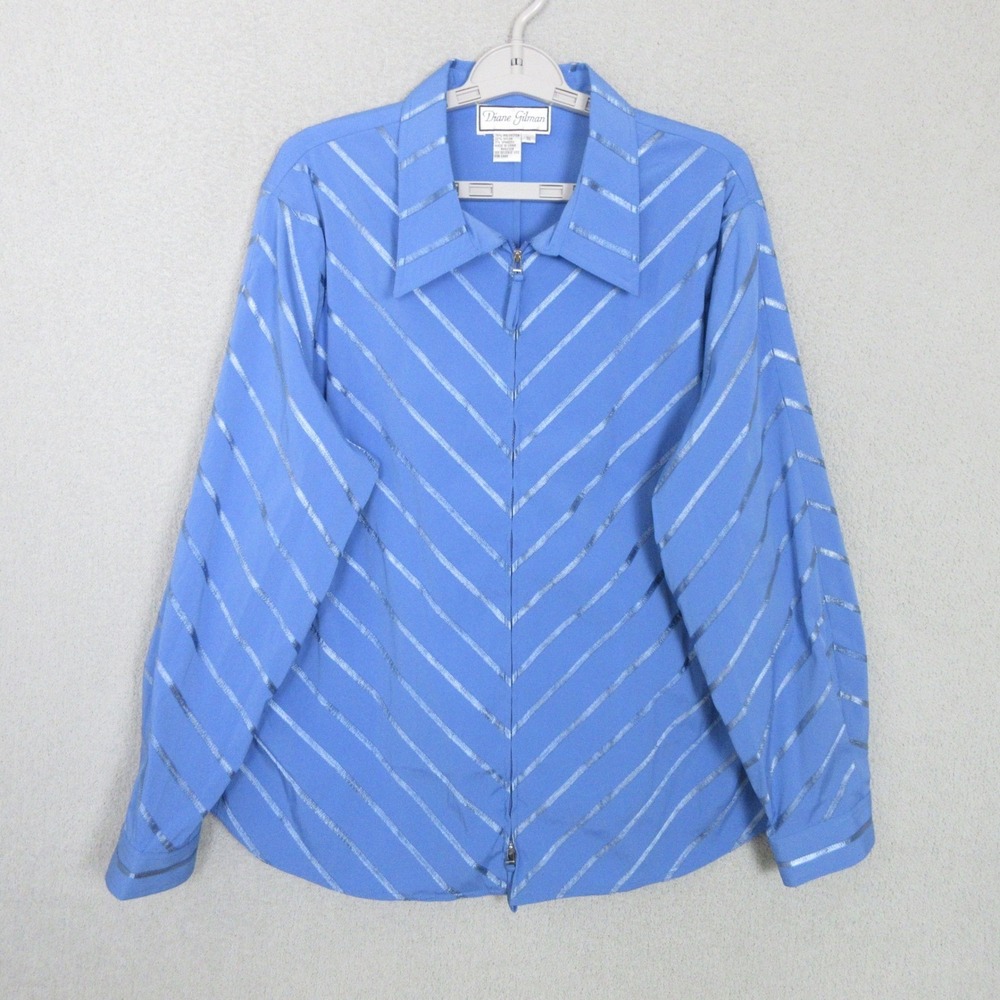 Diane Gilman Zip Front Blouse Womens 1X Blue Diagonal Stripe Long Sleeve Top